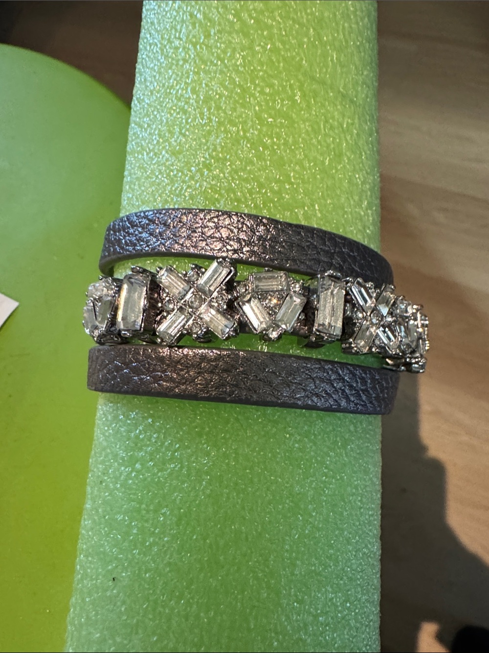 Crystal Embellished Double Wrap Leather Bracelet in Gray